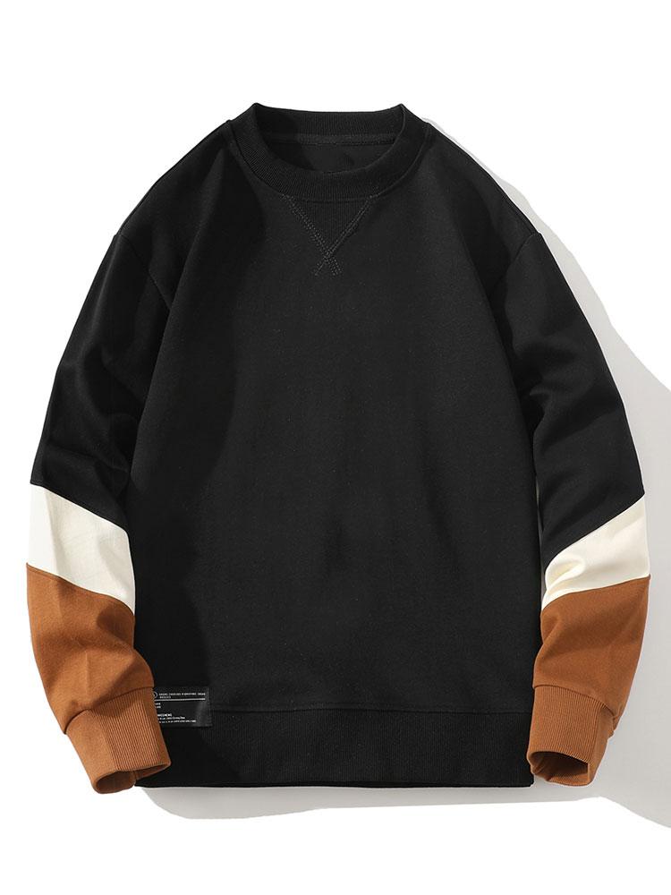 Men's Colourblock Crew Neck Sweatshirt – Relaxed Fit Casual Pullover - Black