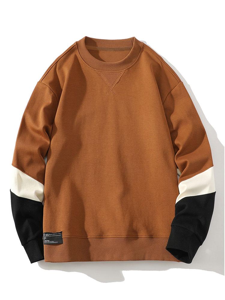 Men's Colourblock Crew Neck Sweatshirt – Relaxed Fit Casual Pullover - Brown