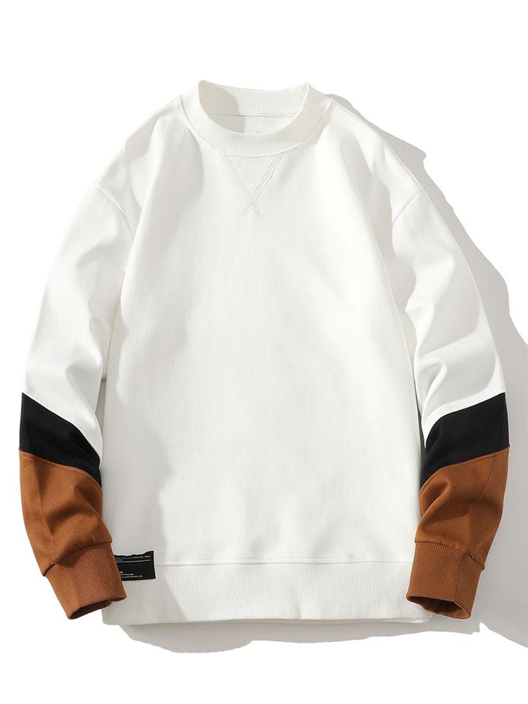 Men's Colourblock Crew Neck Sweatshirt – Relaxed Fit Casual Pullover - White