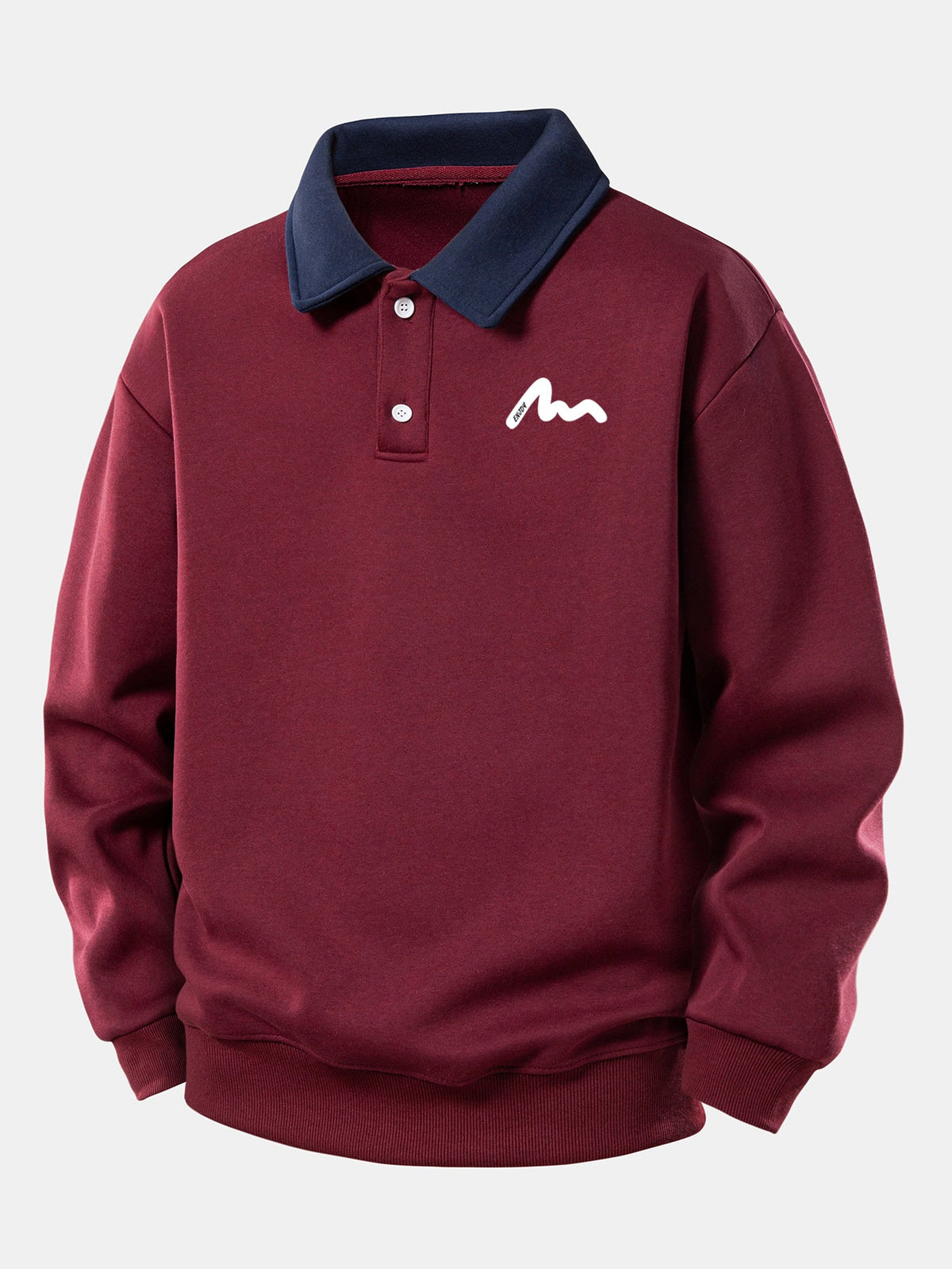 Men's Contrast Collar Polo Sweatshirt – Relaxed Fit Cotton Blend - Wine Red