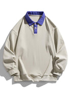 Men's Contrast Collar Polo Sweatshirt – Relaxed Fit Long Sleeve - Beige