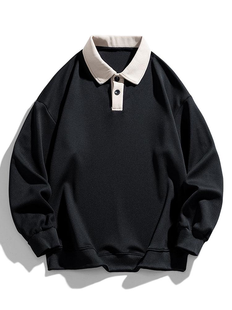 Men's Contrast Collar Polo Sweatshirt – Relaxed Fit Long Sleeve - Black