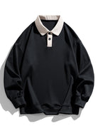 Men's Contrast Collar Polo Sweatshirt – Relaxed Fit Long Sleeve - Black