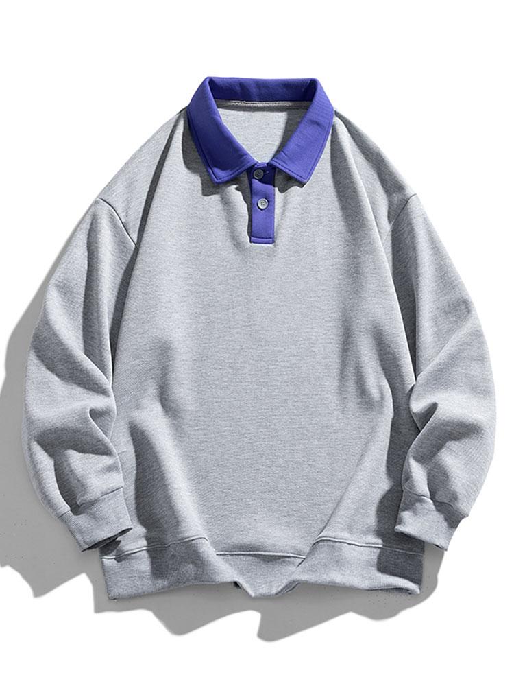 Men's Contrast Collar Polo Sweatshirt – Relaxed Fit Long Sleeve - Grey