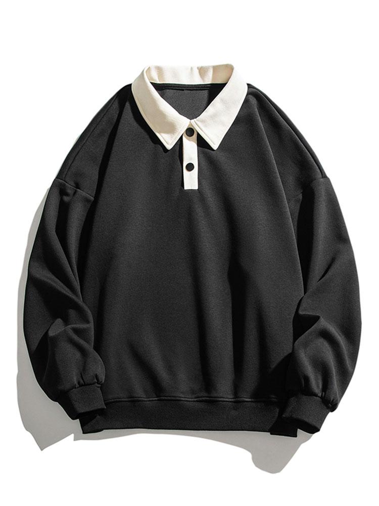 Men's Contrast Polo Collar Sweatshirt – Relaxed Fit - Black