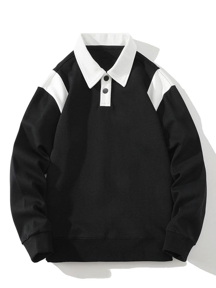Men's Contrast Polo Collar Sweatshirt – Relaxed Fit - Black