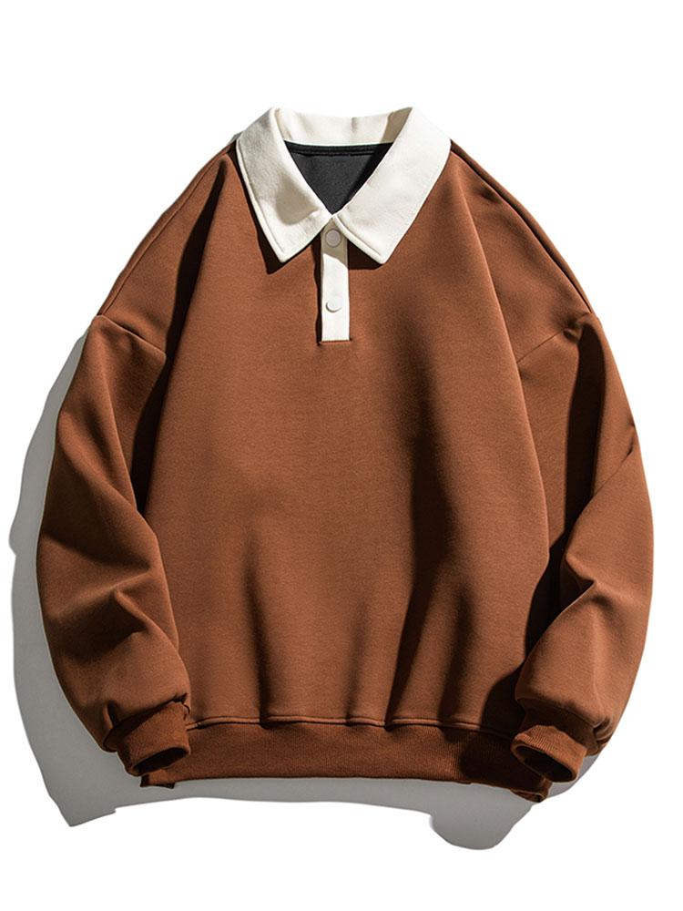 Men's Contrast Polo Collar Sweatshirt – Relaxed Fit - Brown