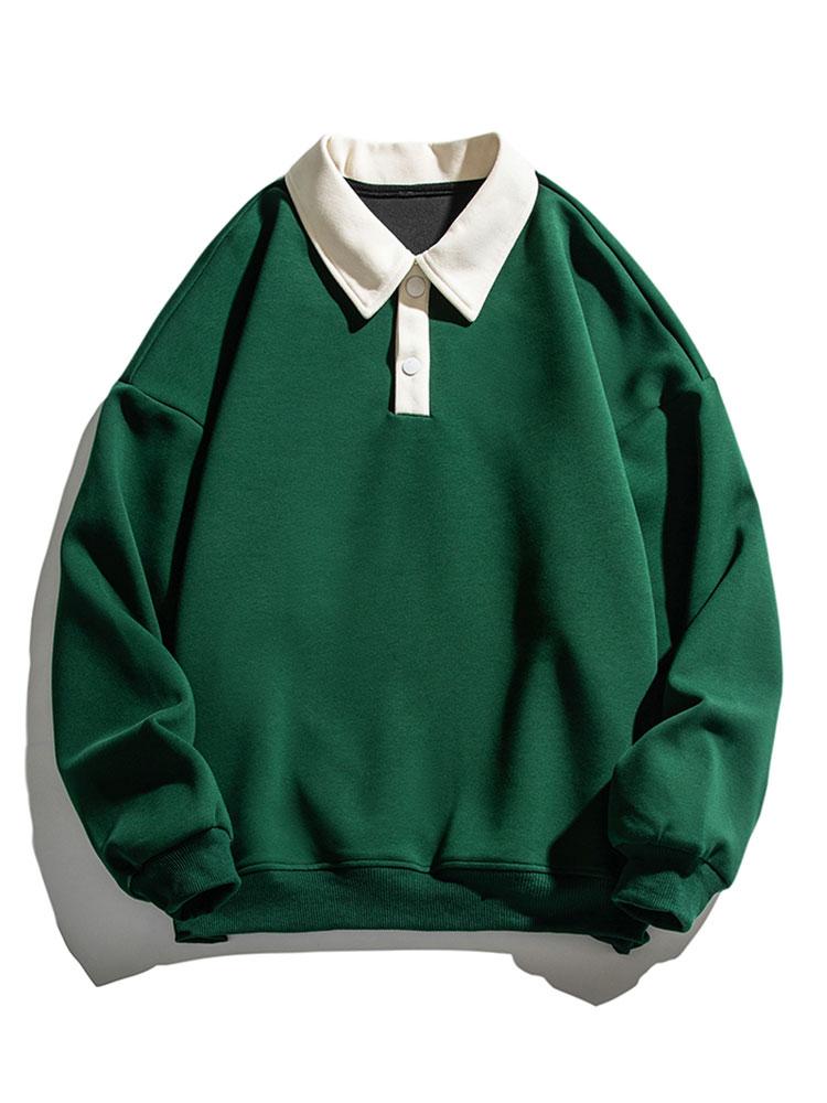 Men's Contrast Polo Collar Sweatshirt – Relaxed Fit - Dark Green