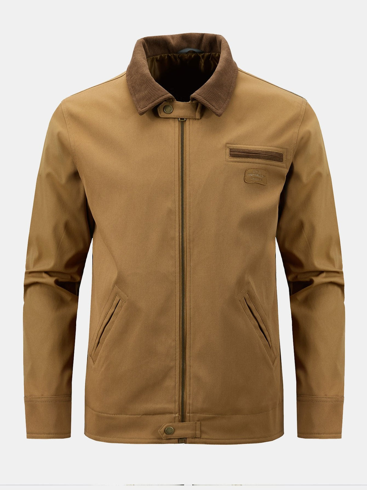Men's Cotton Zip-Up Jacket with Corduroy Collar – Regular Fit - Brown