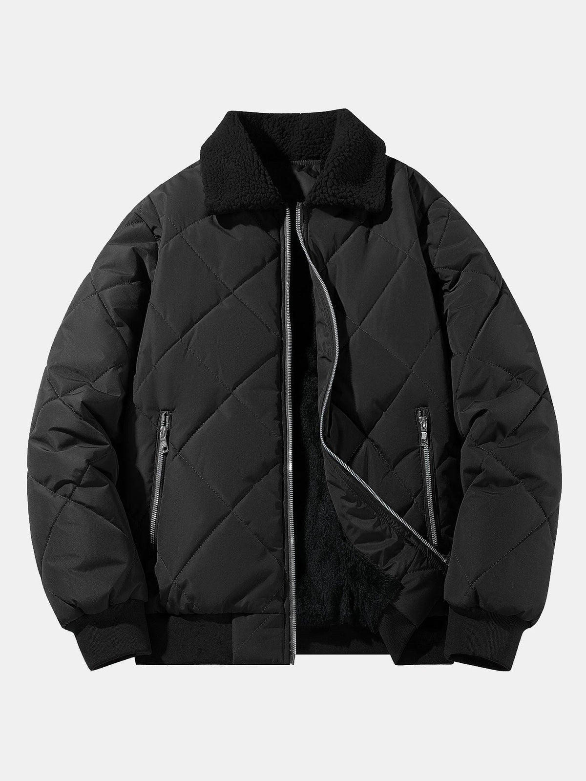 Men's Diamond Quilted Winter Jacket – Teddy Fleece Collar Bomber - Black
