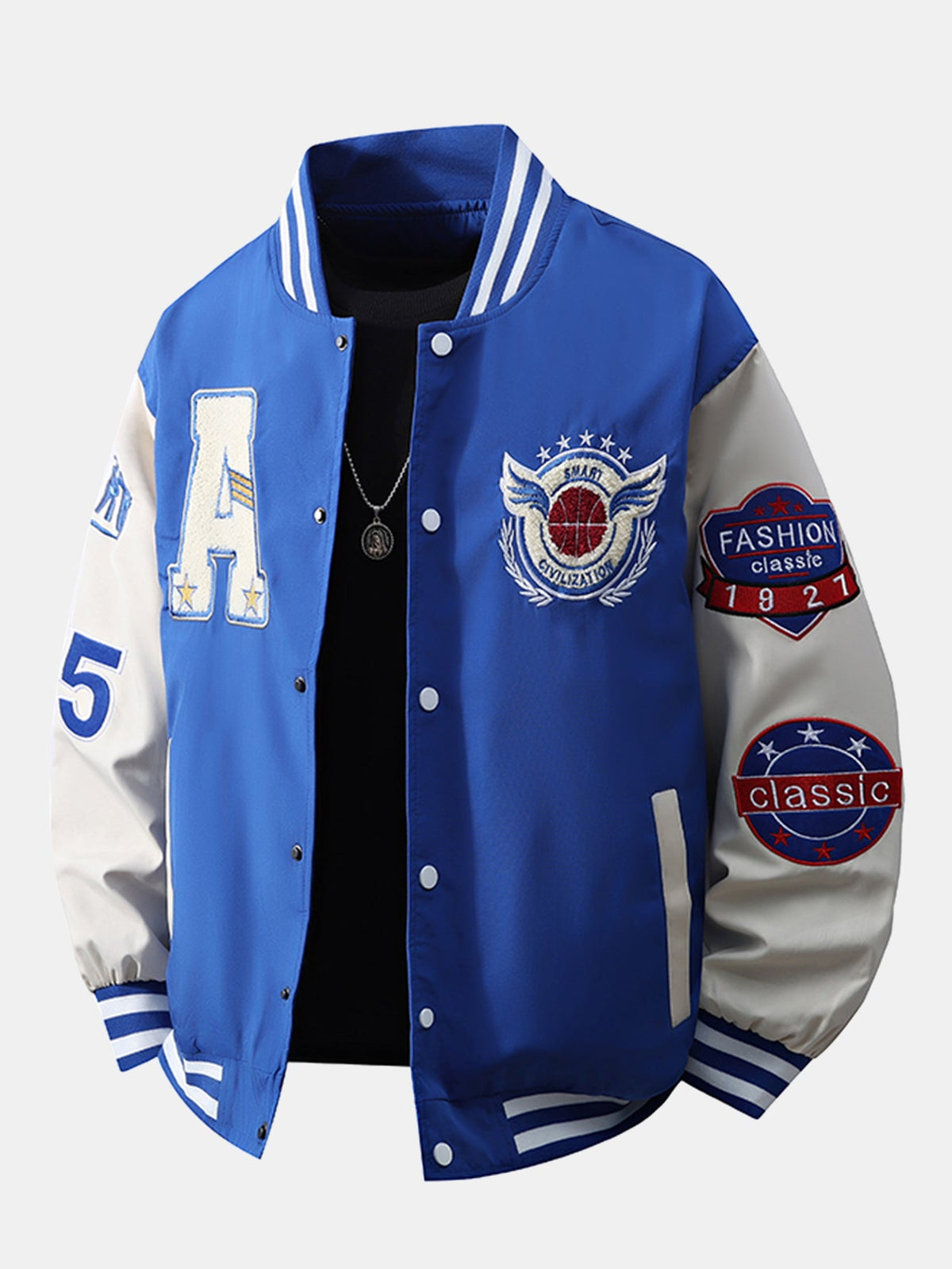 Men's Embroidered Varsity Bomber Jacket – Relaxed Fit Streetwear - Blue