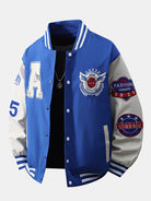 Men's Embroidered Varsity Bomber Jacket – Relaxed Fit Streetwear - Blue