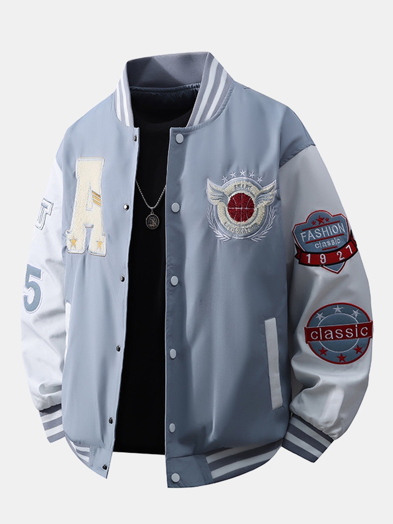Men's Embroidered Varsity Bomber Jacket – Relaxed Fit Streetwear - Light Blue