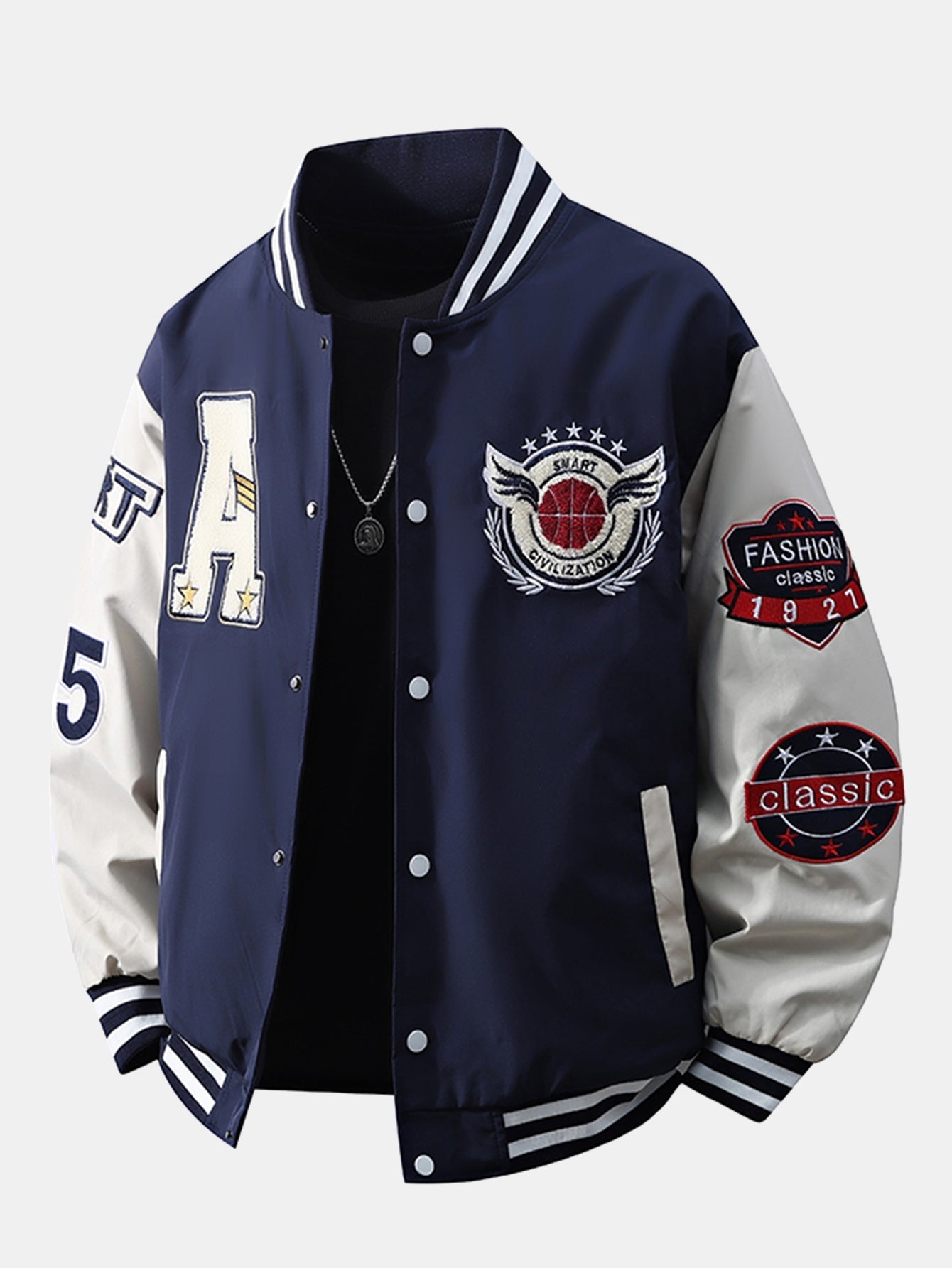 Men's Embroidered Varsity Bomber Jacket – Relaxed Fit Streetwear - Navy
