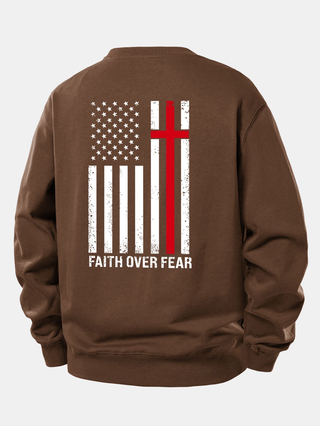 Men's Faith Over Fear Slogan Print Sweatshirt – Relaxed Fit Crew Neck - Brown