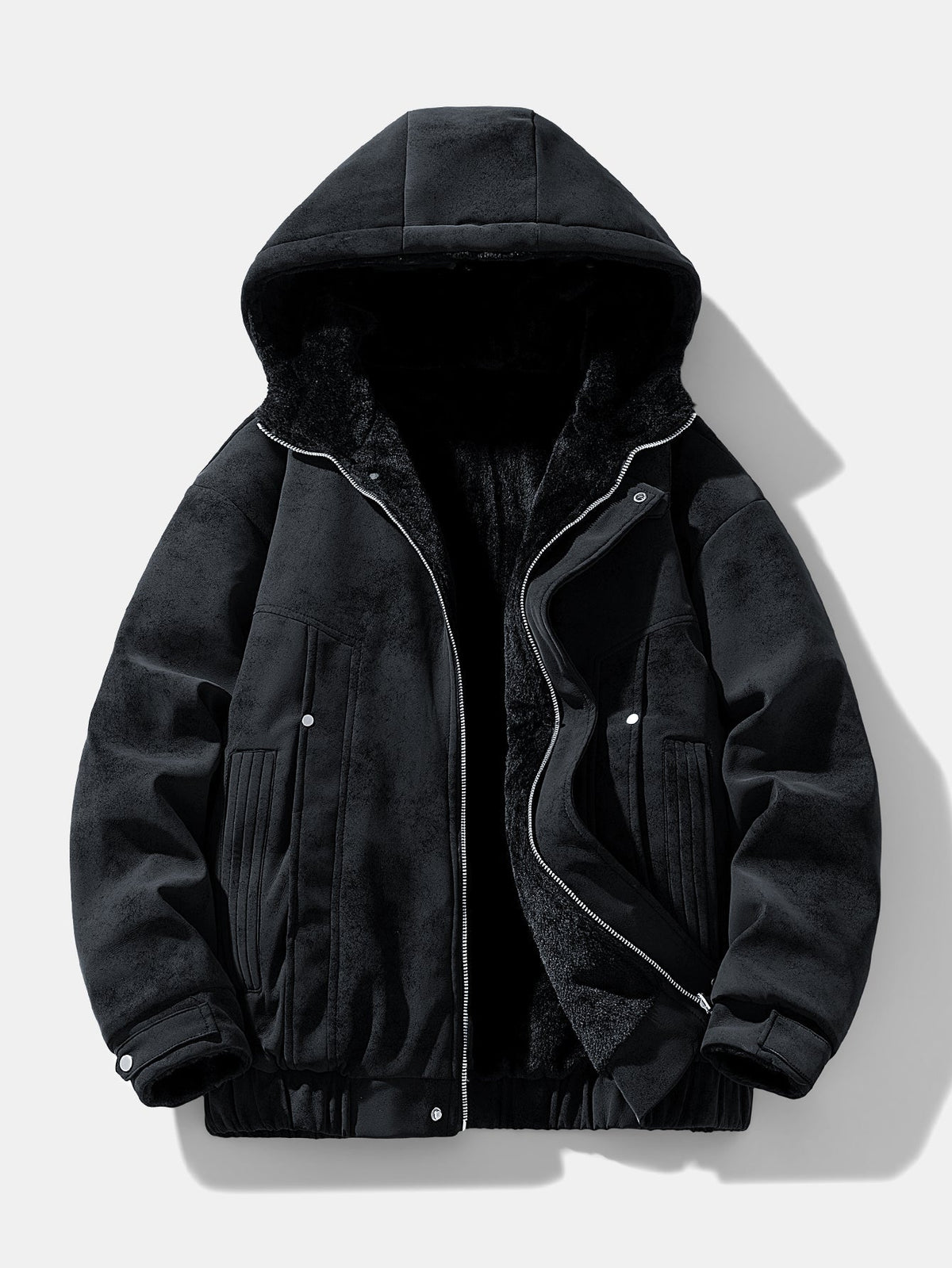 Men's Faux Suede Hooded Winter Jacket – Relaxed Fit Teddy Fleece Linin - Black
