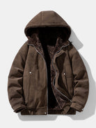 Men's Faux Suede Hooded Winter Jacket – Relaxed Fit Teddy Fleece Linin - Dark Brown