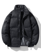 Men's Faux Suede Puffer Jacket – High Funnel Neck Winter Coat - Black