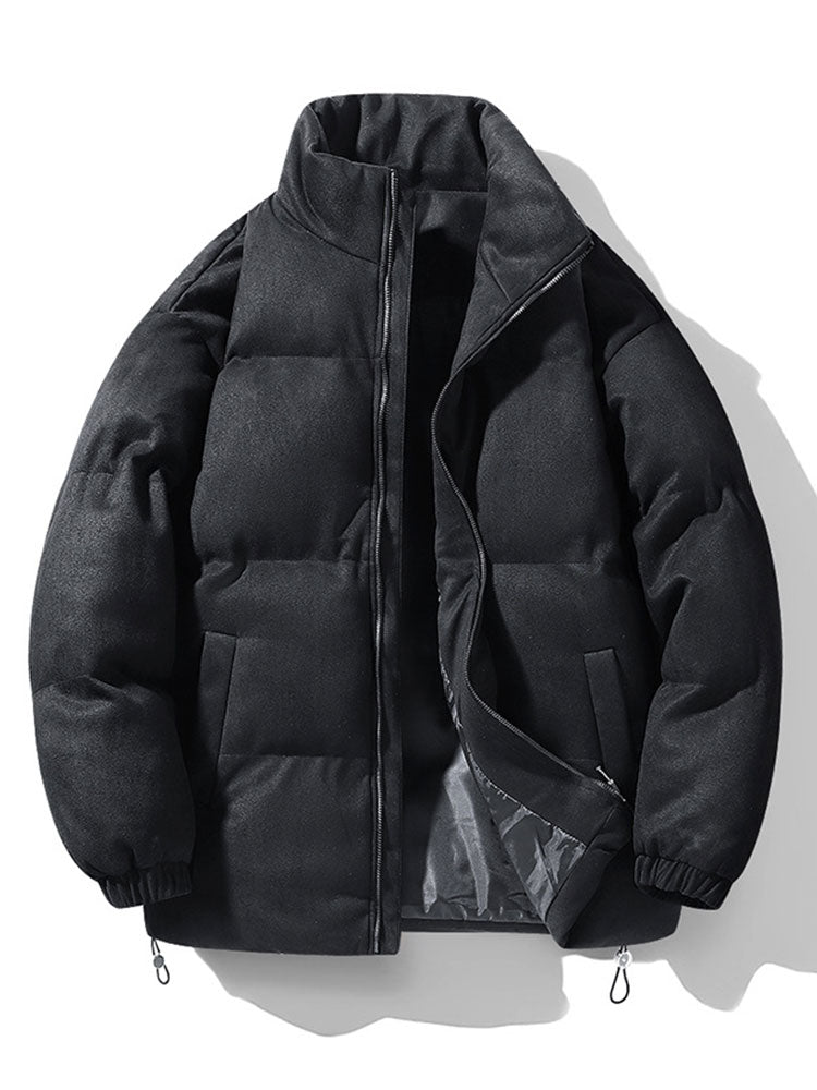 Men's Faux Suede Puffer Jacket – High Funnel Neck Winter Coat - Black