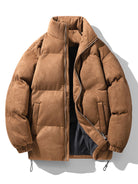 Men's Faux Suede Puffer Jacket – High Funnel Neck Winter Coat - Brown