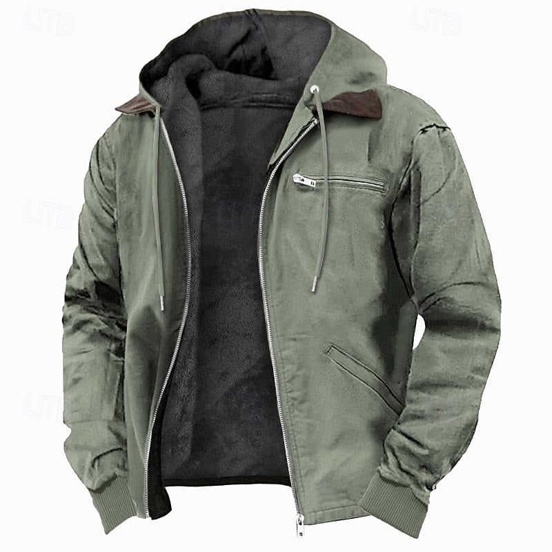 Men's Fleece-Lined Hooded Jacket in army green, Warm Everyday Comfort