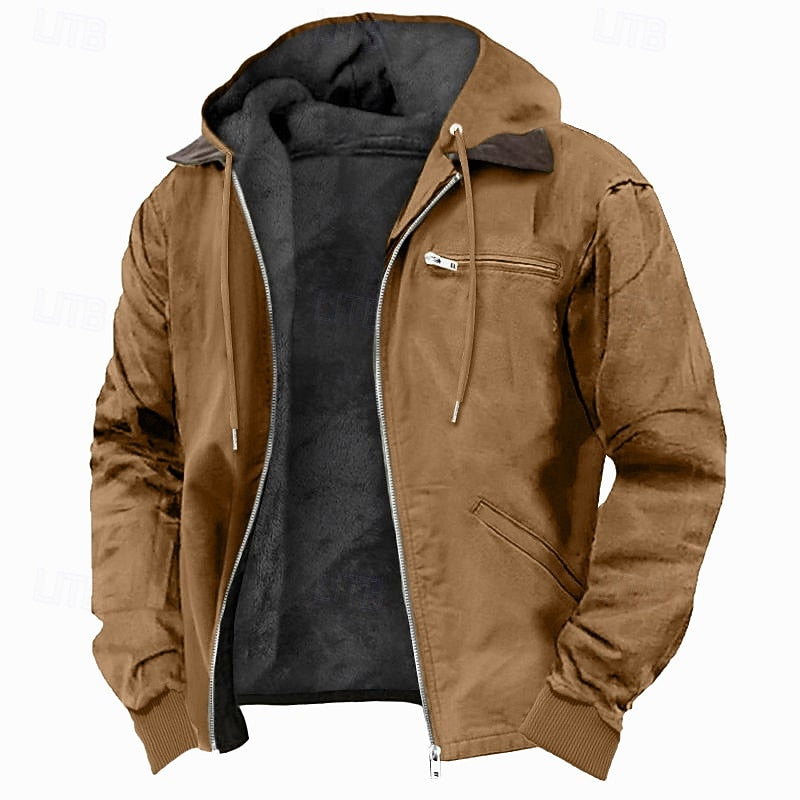 Men's Fleece-Lined Hooded Jacket in brown, Warm Everyday Comfort