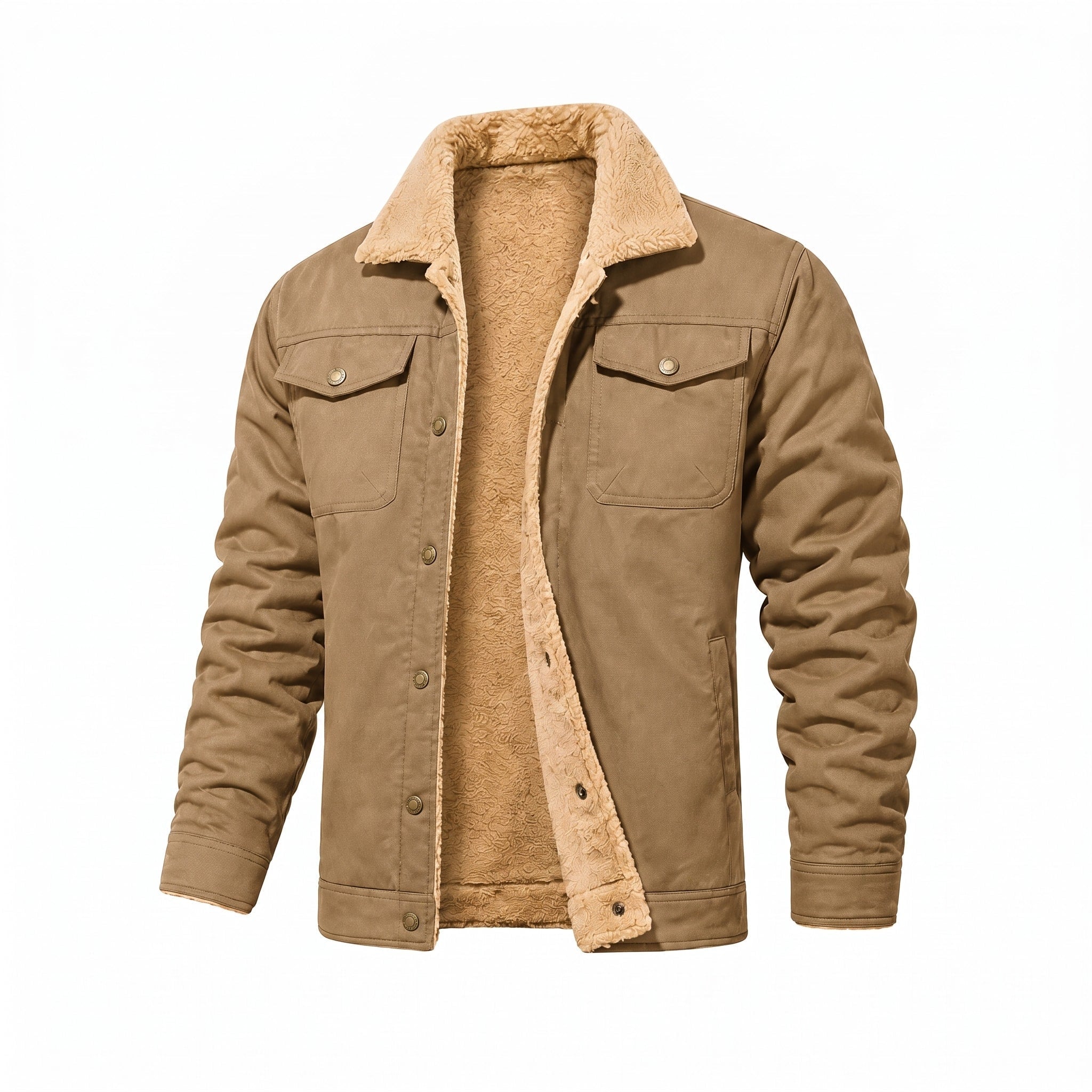 Men's Fleece Lined Trucker Jacket in khaki, Teddy Collar