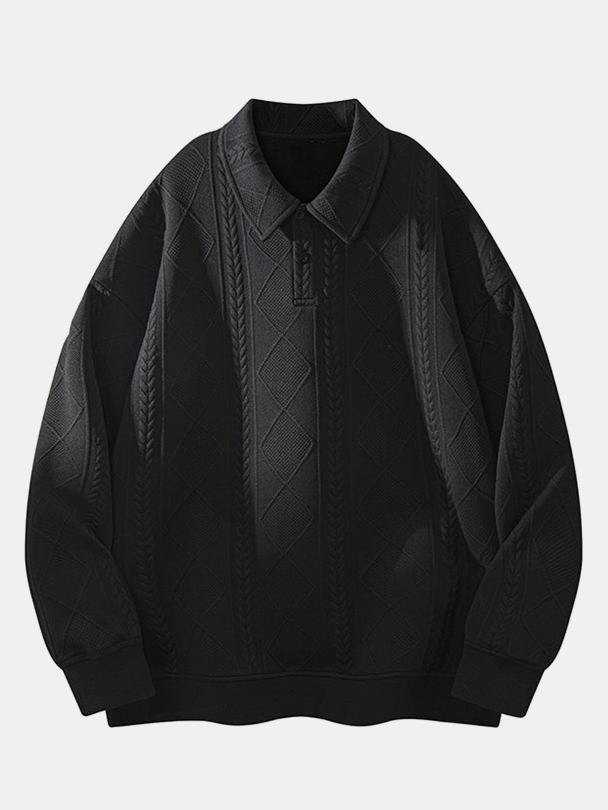 Men's Geometric Jacquard Polo Sweatshirt in black, Relaxed Fit Diamond Pattern