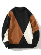 Men's Geometric Patchwork Crew Neck Sweatshirt – Relaxed Fit - Black