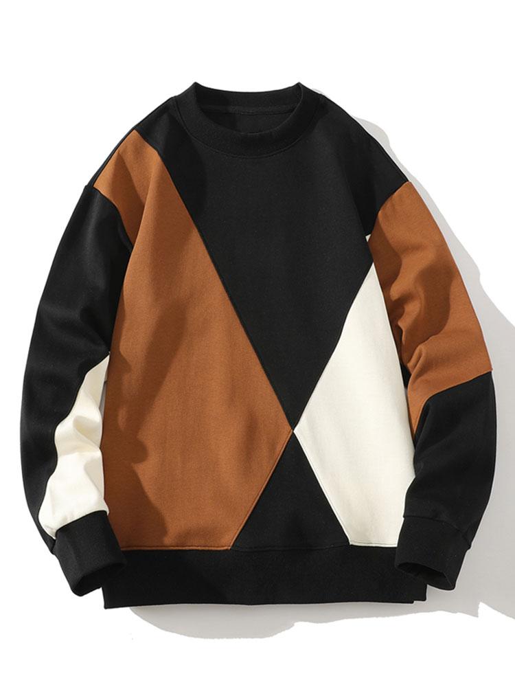 Men's Geometric Patchwork Crew Neck Sweatshirt – Relaxed Fit - Black