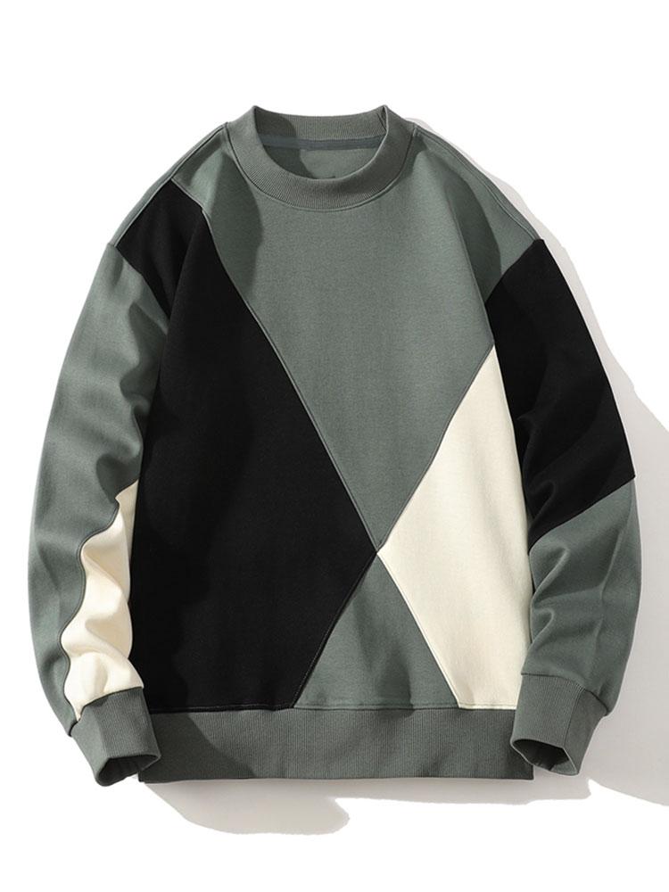 Men's Geometric Patchwork Crew Neck Sweatshirt – Relaxed Fit - Green
