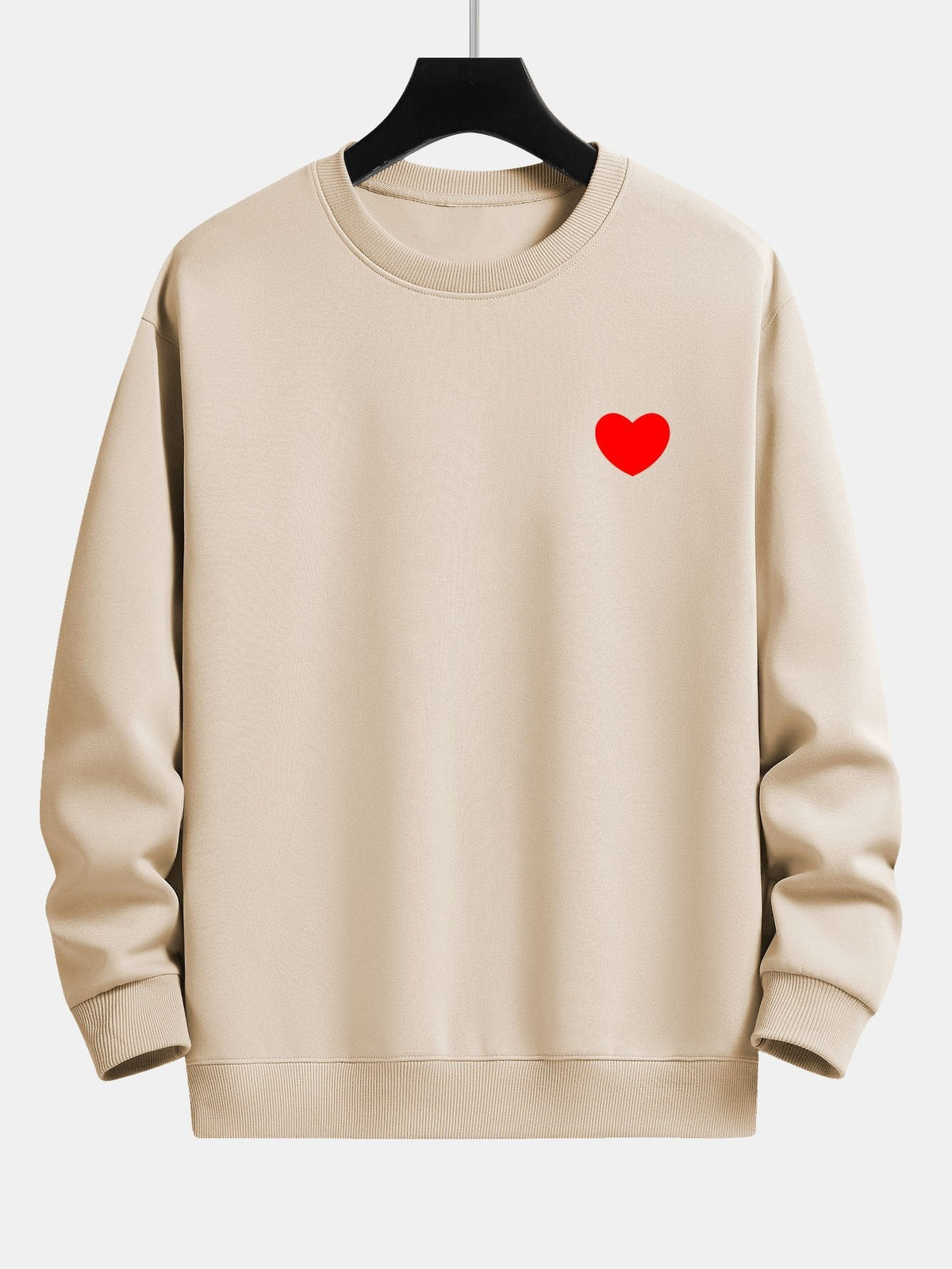 Men's Heart Print Crew Neck Sweatshirt – Relaxed Fit Cotton Blend - Beige
