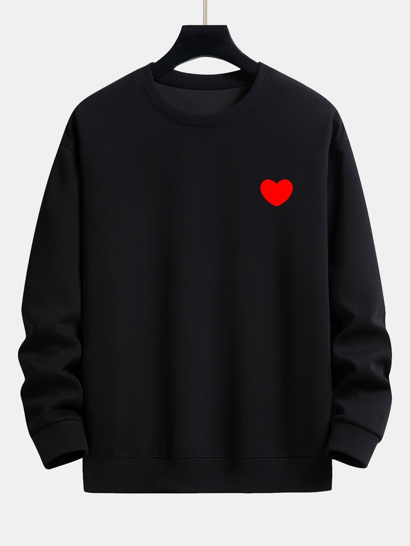 Men's Heart Print Crew Neck Sweatshirt – Relaxed Fit Cotton Blend - Black
