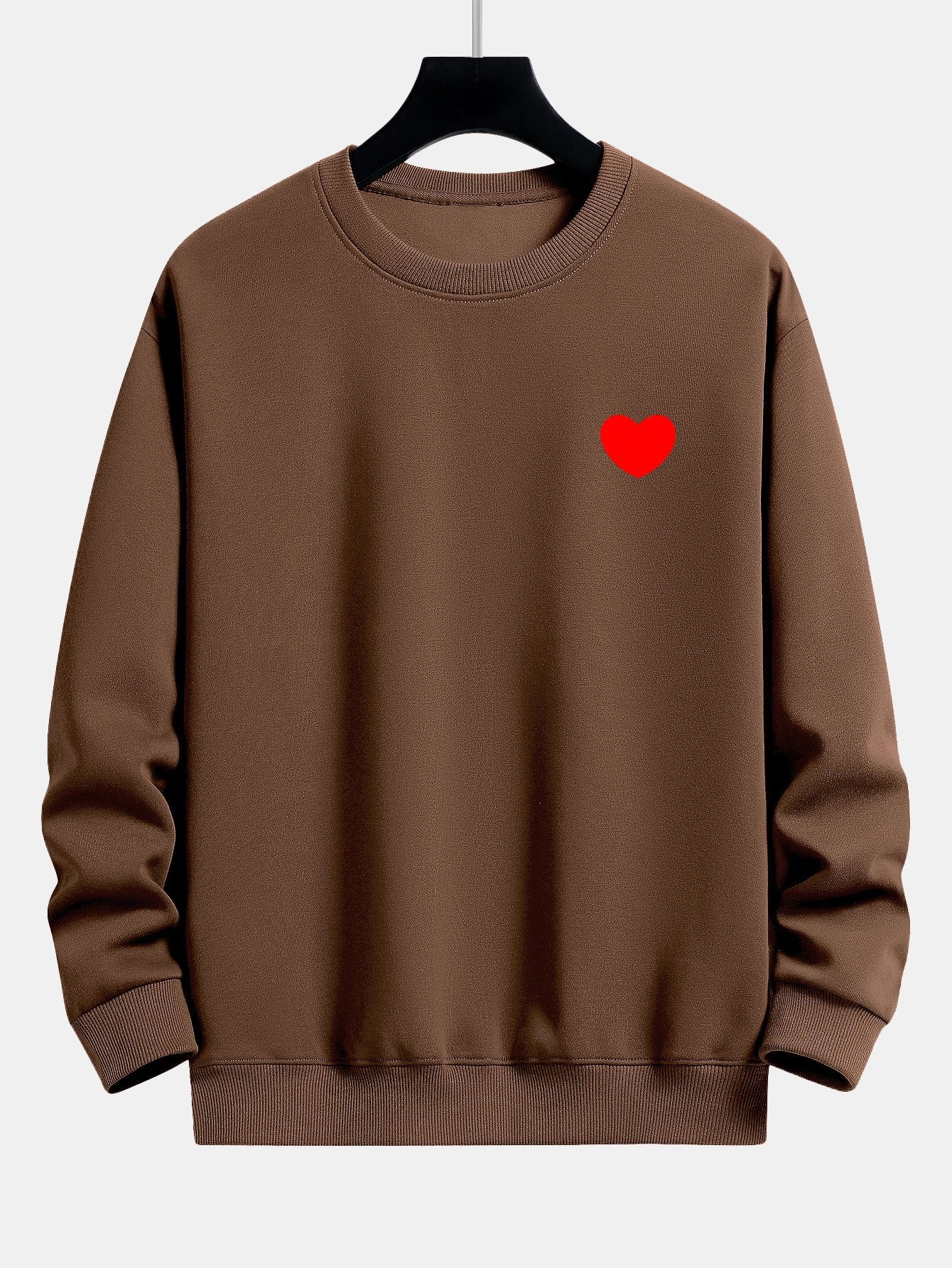 Men's Heart Print Crew Neck Sweatshirt – Relaxed Fit Cotton Blend - Brown
