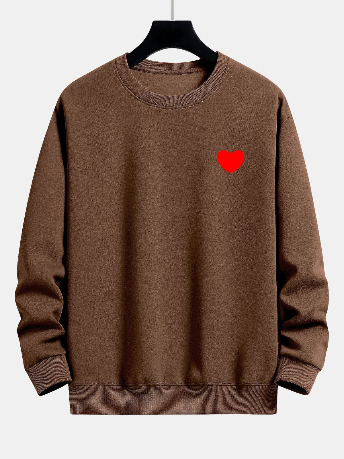 Men's Heart Print Crew Neck Sweatshirt – Relaxed Fit Cotton Blend - Brown