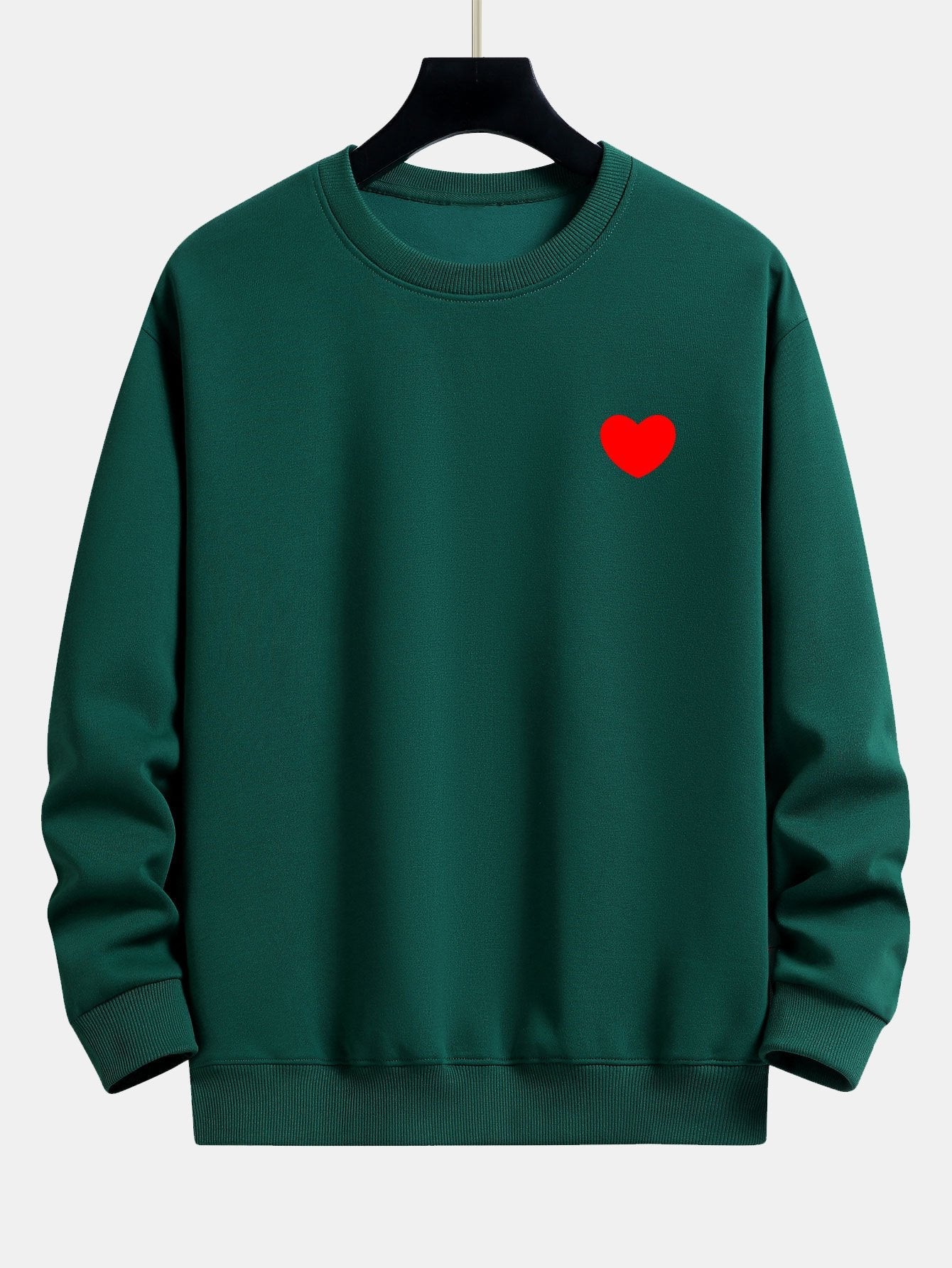 Men's Heart Print Crew Neck Sweatshirt – Relaxed Fit Cotton Blend - Dark Green