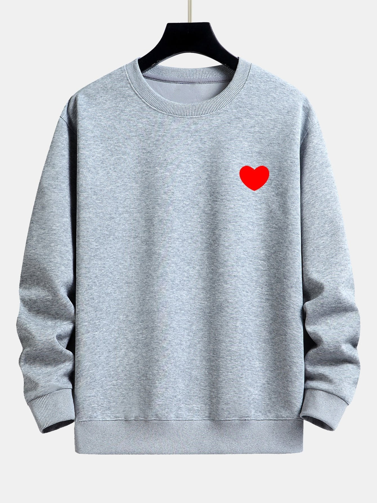 Men's Heart Print Crew Neck Sweatshirt – Relaxed Fit Cotton Blend - Light Grey