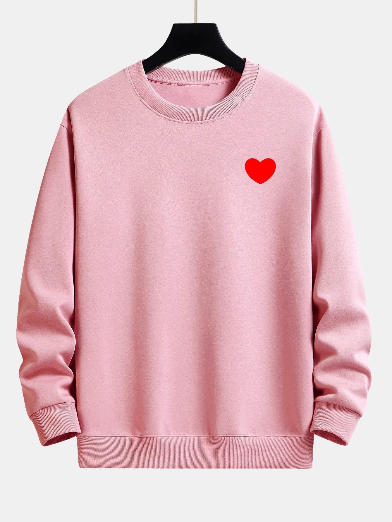 Men's Heart Print Crew Neck Sweatshirt – Relaxed Fit Cotton Blend - Light Pink