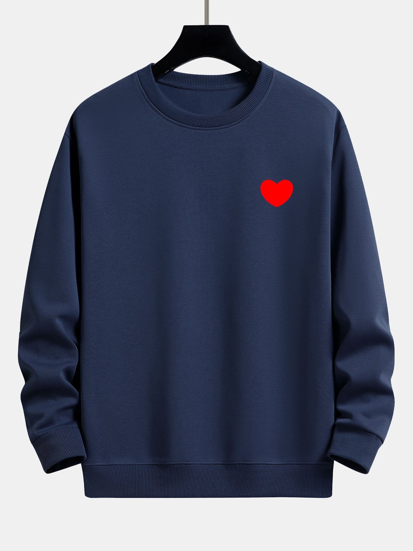 Men's Heart Print Crew Neck Sweatshirt – Relaxed Fit Cotton Blend - Navy