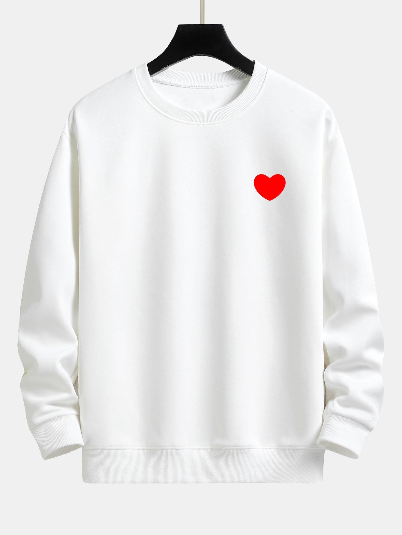 Men's Heart Print Crew Neck Sweatshirt – Relaxed Fit Cotton Blend - White