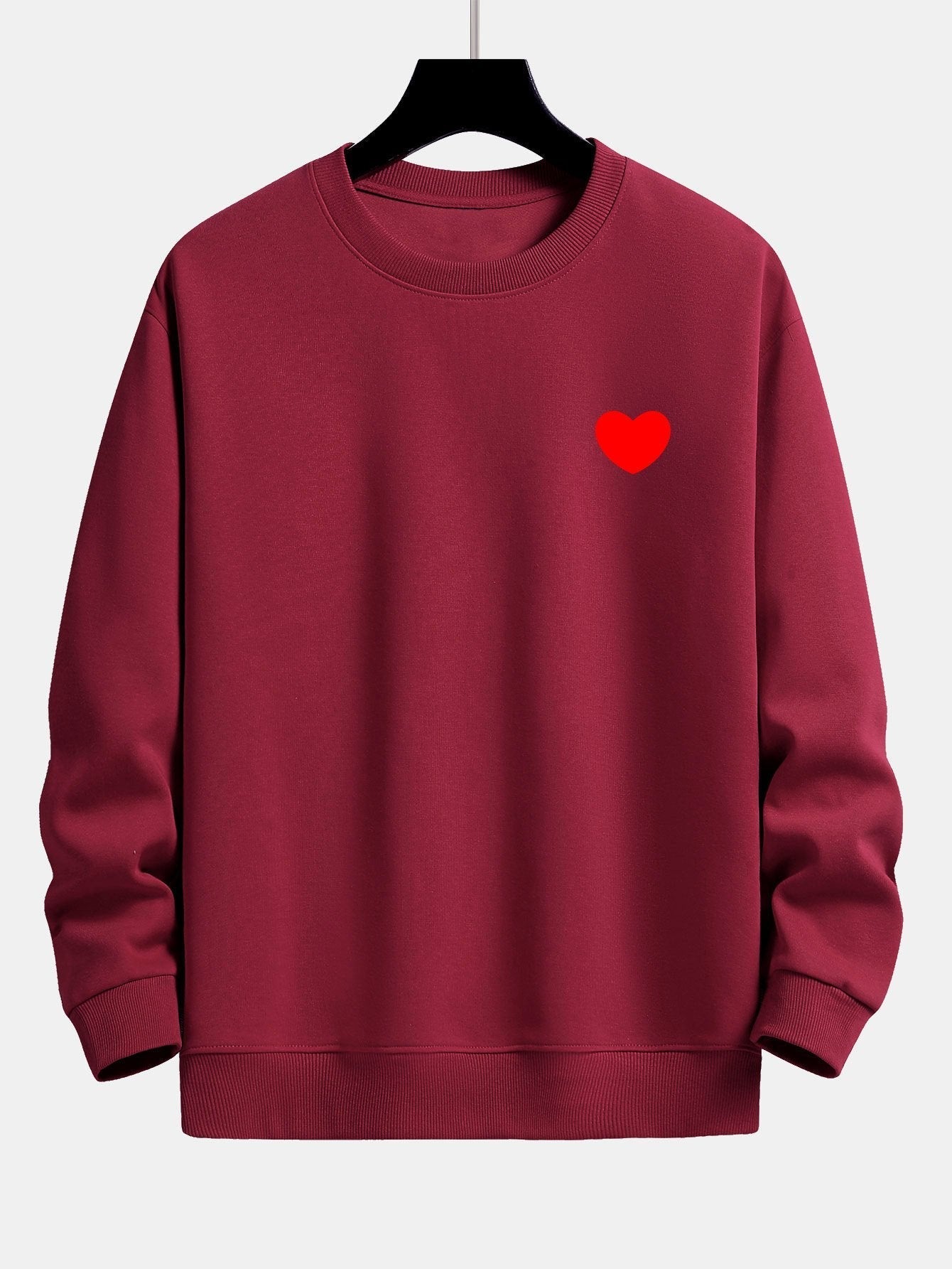Men's Heart Print Crew Neck Sweatshirt – Relaxed Fit Cotton Blend - Wine Red