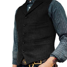 Men's Herringbone Tailored Waistcoat in black, Classic V-Neck