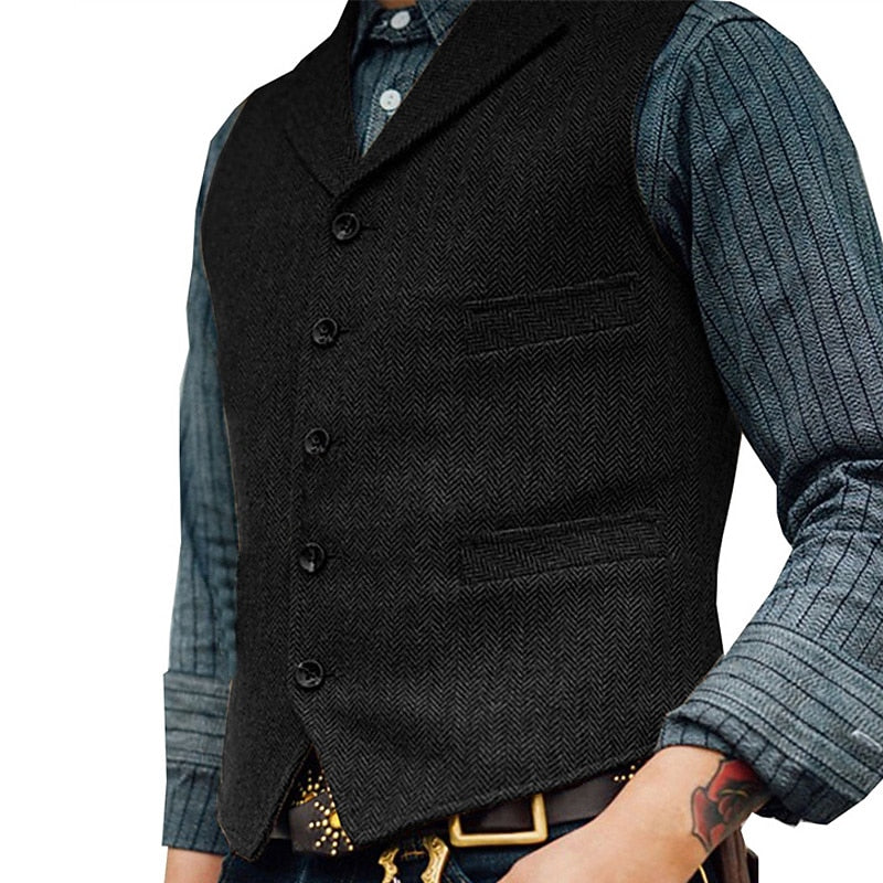 Men's Herringbone Tailored Waistcoat in black, Classic V-Neck