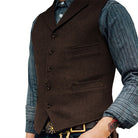 Men's Herringbone Tailored Waistcoat in coffee, Classic V-Neck