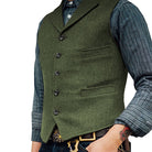 Men's Herringbone Tailored Waistcoat in green, Classic V-Neck
