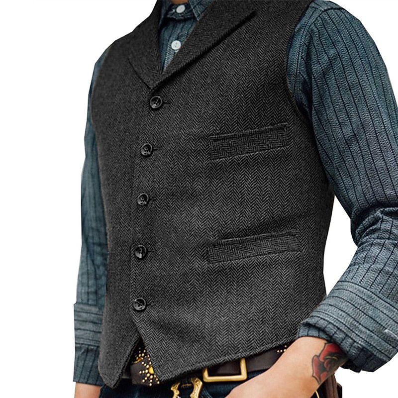 Men's Herringbone Tailored Waistcoat in grey, Classic V-Neck