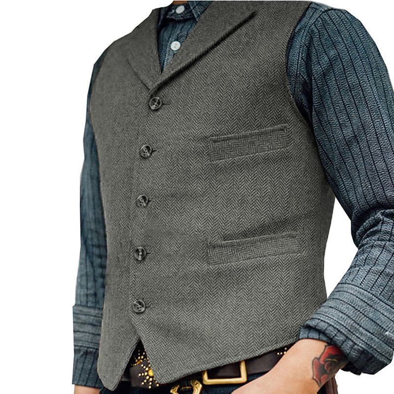 Men's Herringbone Tailored Waistcoat in light grey, Classic V-Neck