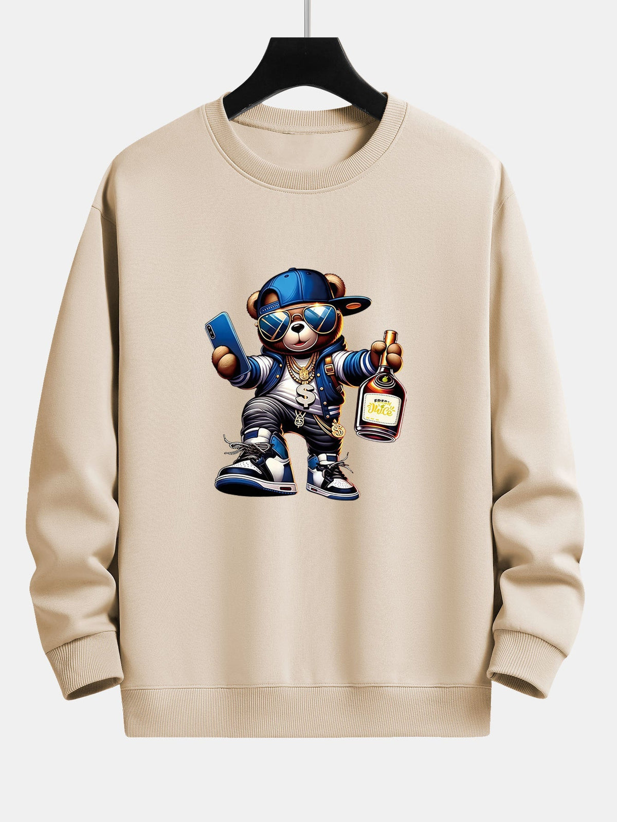 Men's Hip Hop Teddy Bear Graphic Sweatshirt – Relaxed Fit Crew Neck - Beige