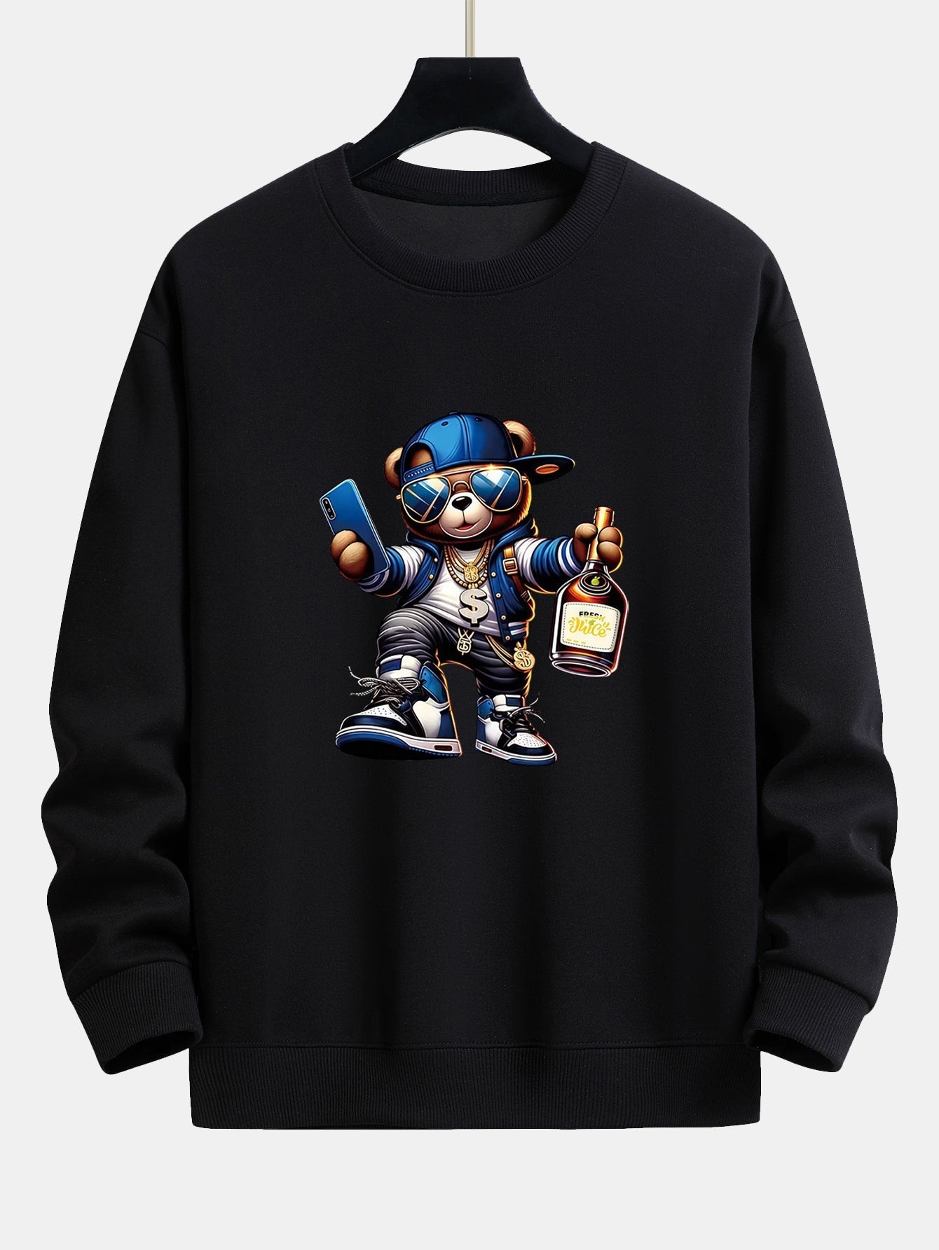 Men's Hip Hop Teddy Bear Graphic Sweatshirt – Relaxed Fit Crew Neck - Black