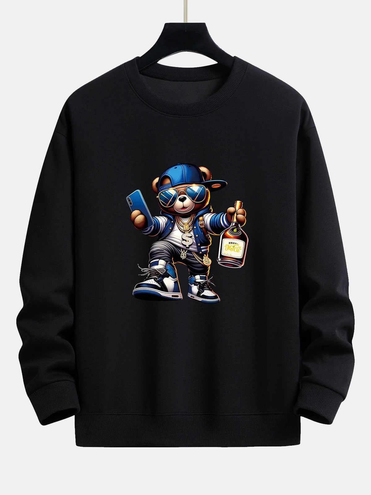 Men's Hip Hop Teddy Bear Graphic Sweatshirt – Relaxed Fit Crew Neck - Black